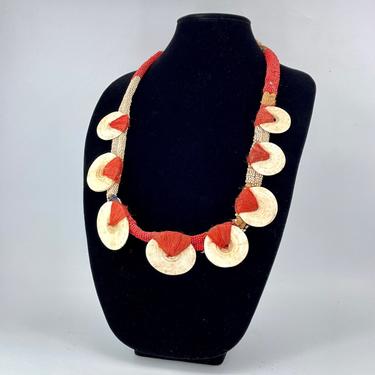 Antique West African Disc + Bead Long Necklace Jewelry Vintage Colors Kenyan Regal Red White Queen 
