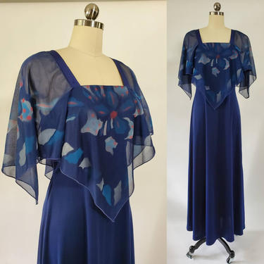 1970s Maxi Dress w/ Attached Sheer Capelet 70's Maxi Dress 70s Evening Wear Women's Vintage Size Small/Medium 