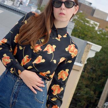 1990s Silk Blouse with Orange Colored Roses 