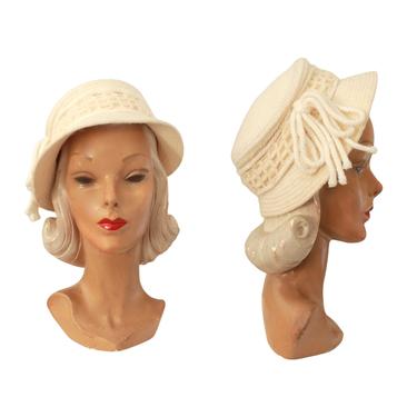 1950s Everett Needlepoint Hat - 1950s Ivory White Knit Hat - 1950s Ivory White Bonnet - 1950s Bonnet Hat - 1950s White Hat - 1950s Hat 