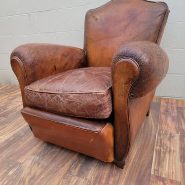 French Art Deco Distressed Brown Leather Club Chair