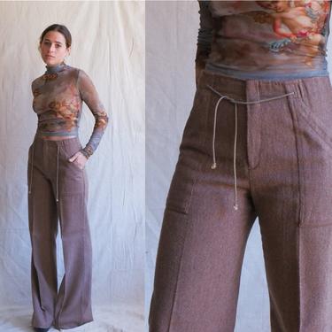 Vintage 70s Wool Trousers/ 1970s High Waisted Wide Leg Brown Pants/ Size 28 