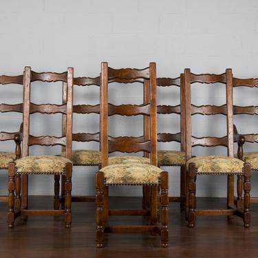 Late 19th Century Country French Provincial Oak Ladder Back Dining Chairs - Set of 8 