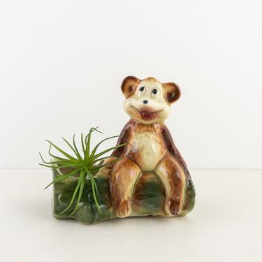 Vintage Ceramic Bear Planter, Small Teddy Bear Vase Pot, Bear Figurine Sitting on Log, Woodland Nursery Decor, Whimsical Decor 