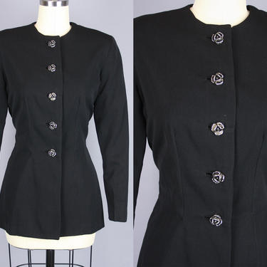 1940s Peplum Blazer | Vintage 40s Black Tailored Wool Jacket with Rose Buttons | small 