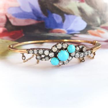 Antique Turquoise Diamond Bracelet 1890's 3.06ct t.w. Victorian Old European Cut Wedding Hinged Cuff 18k Yellow Gold Silver 6.75
