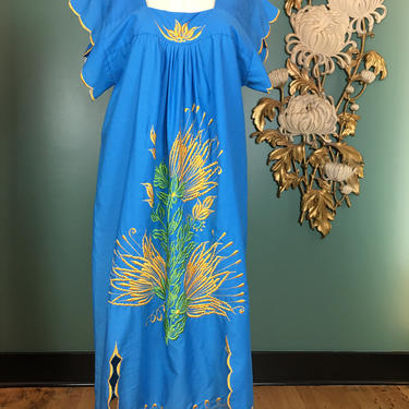 1970s muu muu, kaftan style dress, vintage 70s dress, embroidered dress, 1970s loungewear, turquoise cotton dress, 1970s tent dress, ethnic 
