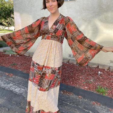 70s silky poly and chiffon autumnal patchwork angel sleeve dress 
