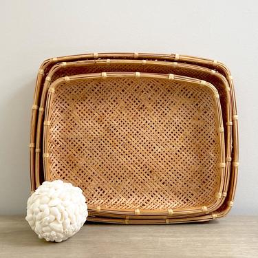 Set Woven Bamboo Rattan Nesting Basket Trays Wall Baskets Coastal Boho Decor 