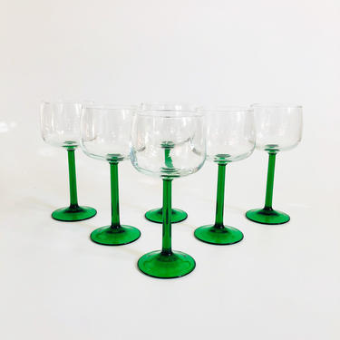 Vintage Green Stemmed Wine Glasses / Set of 6 / Luminarc France 
