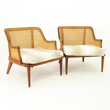 Mid Century Walnut and Cane Upholstered Lounge Chairs - Pair - mcm 