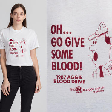 1987 &amp;quot;Oh... Go Give Some Blood!&amp;quot; Texas A&amp;M Blood Drive T Shirt - Large | Vintage 80s Cartoon Aggie Funny University Graphic Tee 