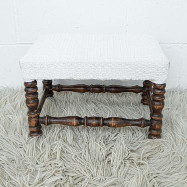 Vintage Rustic White Upholstered Solid Wood Stool with Turned Legs 