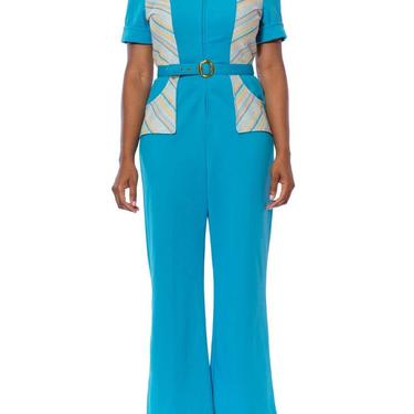 1970S Turquoise  Peach Polyester Double Knit Jumpsuit With Belt 