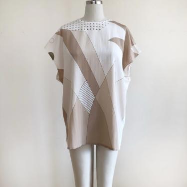 Oversized, Beige and White Geometric Print Blouse - 1980s 