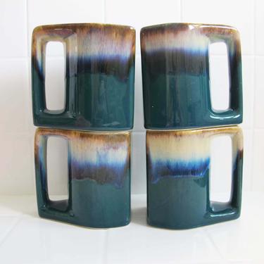 Vintage Padilla Ceramic Coffee Mug set 4 - Teal Blue Green Padilla Mugs - 80s Padilla Hand Thrown Dripware Mug - Minimalist Rustic  Kitchen 