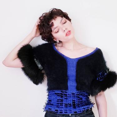 1980s Handknit Sweater Top Black Fox Fur Sleeves Sequins / 80s Blue Black Glam Rock Avant Garde Top / M / Lita 