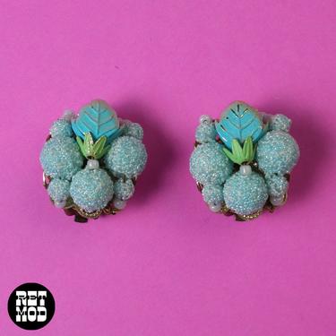 Cute Vintage 50s 60s Blue Textured Beaded Round Clip On Earrings 