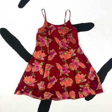 90s Floral Spaghetti Strap Tank Dress / Red and Orange / Slip Dress / Oversize Floral / Large / Skater Dress / Grunge / Clueless / Tropical 