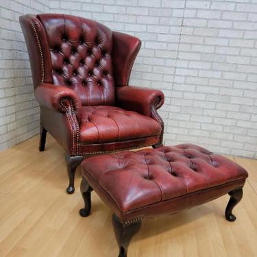 Vintage English Burgundy Leather Tufted Chesterfield Wingback Chair and Ottoman - 2 Piece Set