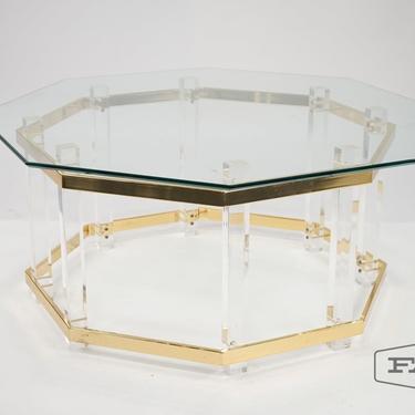 Regency Lucite Brass and Glass Coffee Table