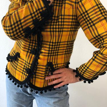 Vintage Bill Blass Plaid Bright Yellow Wool Jacket 