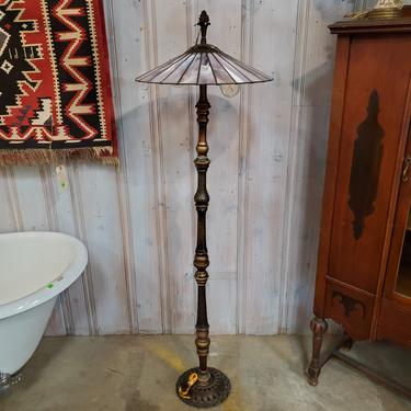1920s Rembrandt Lamp Co. Wood and Iron Floor Lamp with Later Slag Glass Shade