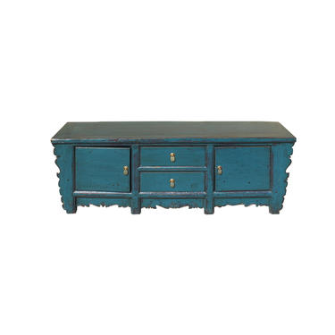 Oriental Distressed Rustic Teal Blue Lacquer Low Console Table Cabinet cs4622E 