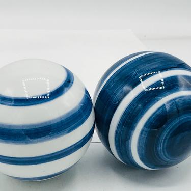 Vintage (2)  Blue &amp; White Porcelain Ceramic Orbs Decorative Carpet Balls- Striped 4&amp;quot; Design 