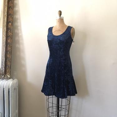 90s grunge dress - 90s blue velvet mini dress / 80s Rampage mini dress - crushed velvet dress / 90s stretch velvet skater dress 