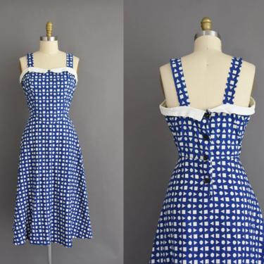 vintage 1950s dress | Royal Blue Geometric Print Cotton Summer Sun Dress | Large | 50s vintage dress 