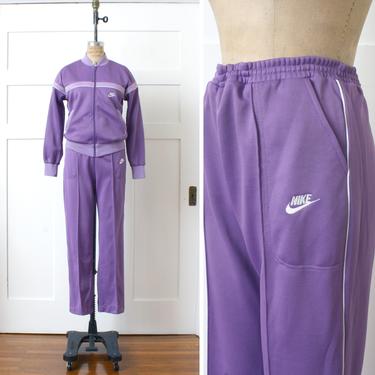 womens vintage 1980s NIKE tracksuit • lavender purple &amp; white swoosh track pants and matched zip-up jacket 