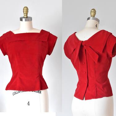 Betty red velvet top, 1950s blouse, pin up rockabilly top 