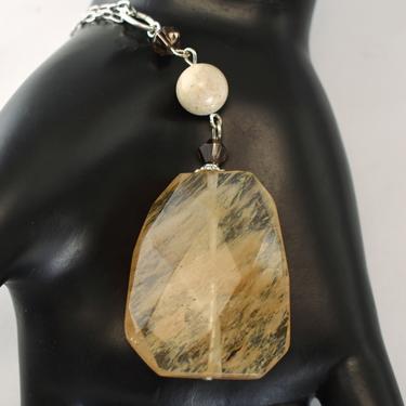 Big 70's golden rutile quartz fossil jasper brown tourmaline 925 sterling silver boho hippie freeform pendant necklace 
