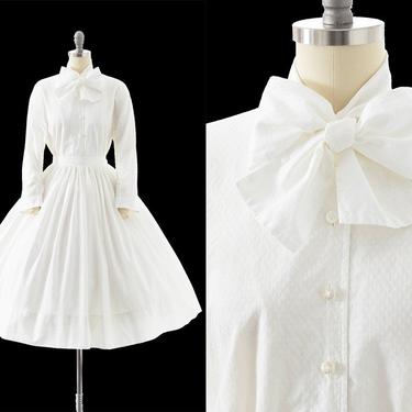 Vintage 1950s Skirt Set | 50s White Cotton Pussy Bow Blouse & Full Swing Skirt Dress Outfit (small) 