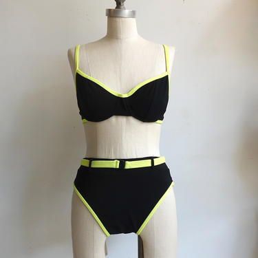 Vintage 90s Black and Lime Green High Cut Bikini/ 1990s Body Glove Style Swimsuit/ Underwire Top/ Belted High Waisted Bottoms/ Medium 