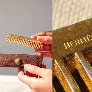 Vintage 50s Hermes Brass Mustache Comb w/ Fitted Leather Case | Grooming, Collectible, Mid Century | 1950s Designer Mens Brass Pocket Comb 