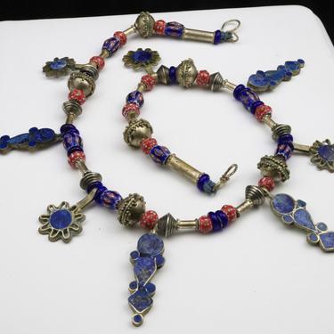 Vintage Bohemian Lapis Lazuli African Trade Bead Necklace Silver Turkoman Art 