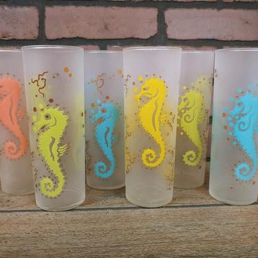 Great Condition Set of 6 Vintage Federal Glass Company Seahorse Tall Cocktail Bar Glasses 