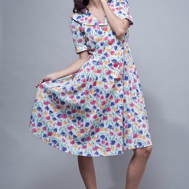 shirtwaist dress, floral shirt dress, tulip print dress, short sleeve dress, wide collar vintage 70s does 50s M Medium 