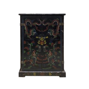 Chinese Distressed Black Color Dragons Graphic Side Table Cabinet cs7228E 