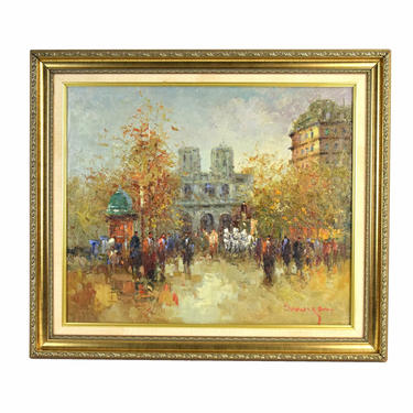 Vintage Impressionist Oil Painting Parisian Street Scene w Notre Dame signed Morgan 
