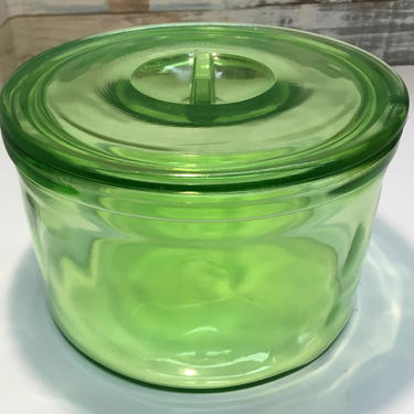 Hazel Atlas Green Glass Round Refrigerator Dish by JoyfulHeartReclaimed