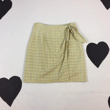 90's cotton plaid mini skirt / side tie pinup ruched neon pastel faux wrap sarong mini pencil skirt 90210 preppy girly Easter high waist 8 