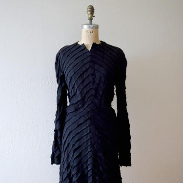 1940s black ruffled dress . vintage 40s dress 