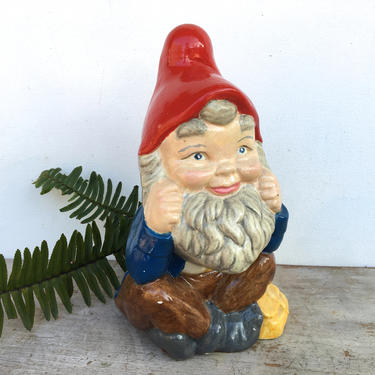 Vintage Plaster Elf, Hand Painted Knome, Seated Pixie, Elf With Red Hat, Elf Statue, Pixie Figure 
