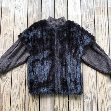 Vintage 80s Jordache Dark Brown Knit Sleeves Faux Fur Vest Zip Winter Jacket Coat L 
