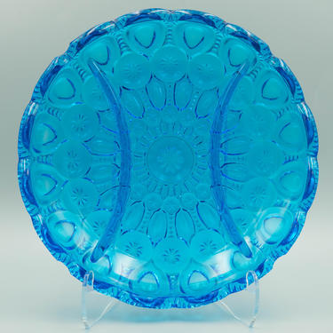 Moon and Stars Blue Relish Dish, L.E. Smith Glass | Vintage Sectioned Serving Plate Appetizer Tray 