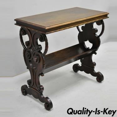 Antique Jacobean Art Nouveau Carved Walnut Trestle Base Side Table