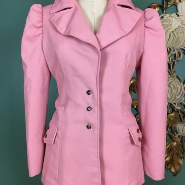 1970s jacket, pink polyester, vintage blazer, puff shoulders, size large, 1970s blazer, 38 bust, fitted waist, mod jacket, retro, biba style 